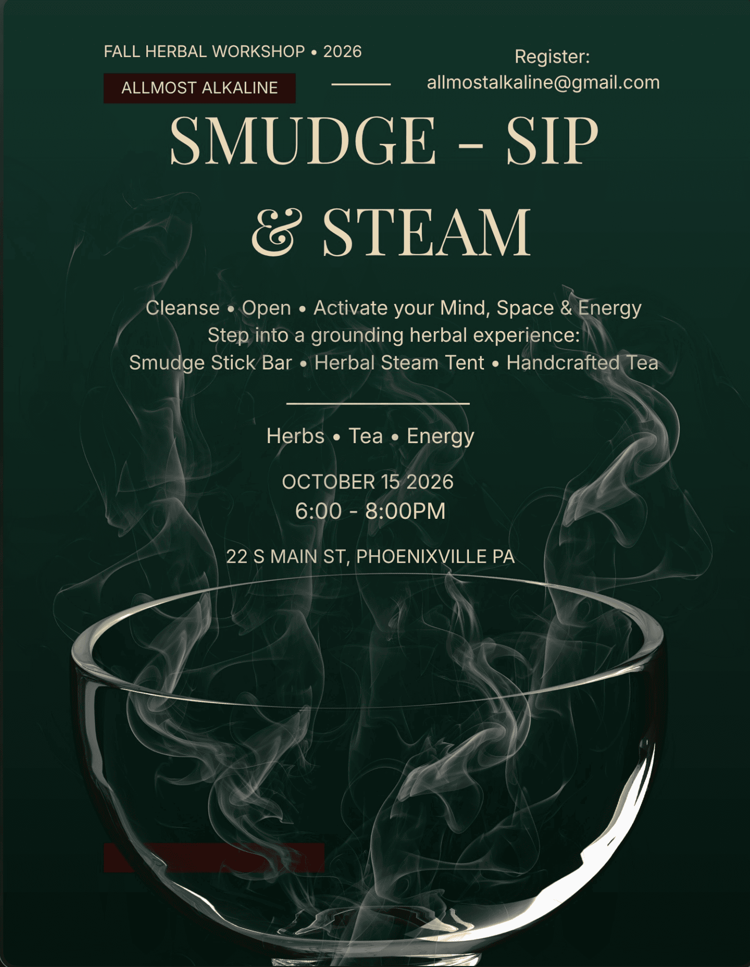 Smudge, Sip, and Steam with Jae from Allmost Alkaline, Thursday October 15 from 6 to 8pm at Perch Plants.